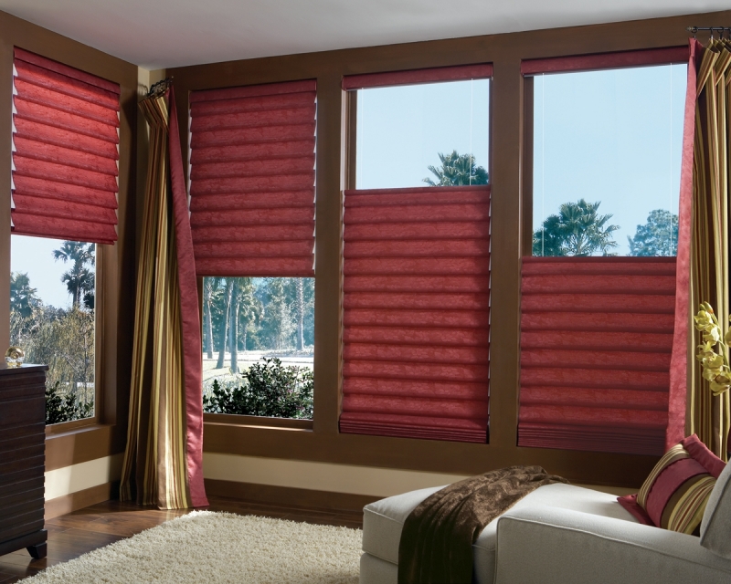 Red window treatment Roman shades